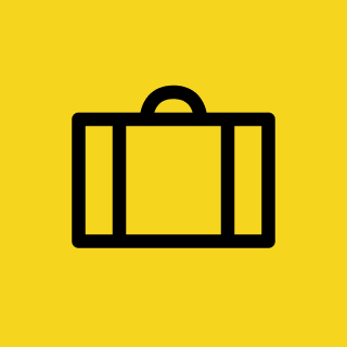 Suitcase icon on yellow background.